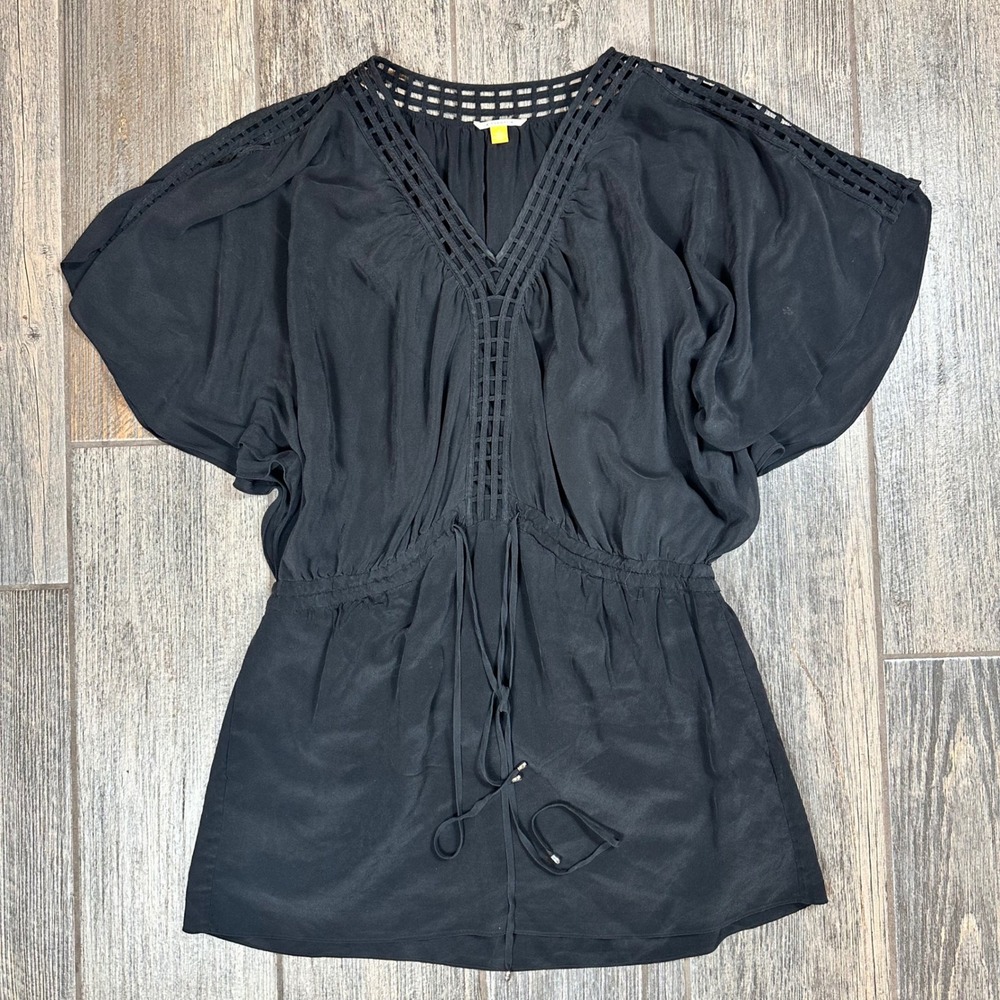 Leifsdottir Anthropologie Black Silk Blend Tunic Top Drawstring Waist Size 4‎